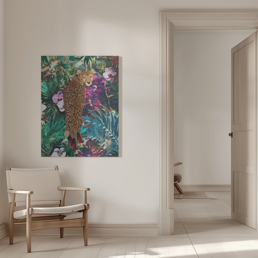 Cheetah in Red Heels Tropical Collage Canvas Wall Art | Tropical Floral Jungle - Cheetah in heels