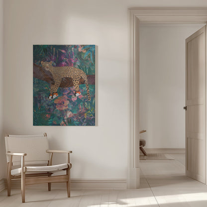 Leopard Wearing Shoes in a Tropical Jungle Canvas Wall Art | Tropical Floral Jungle - Leopard wearing shoes