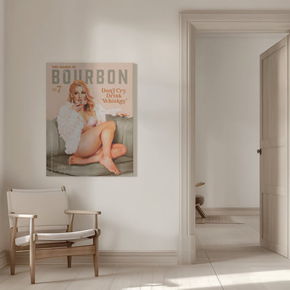 Whiskey Pinup with White Feather Wrap Canvas Wall Art | Babes of Bourbon Vol 7 Sexy Vintage Whiskey Pinup Girl