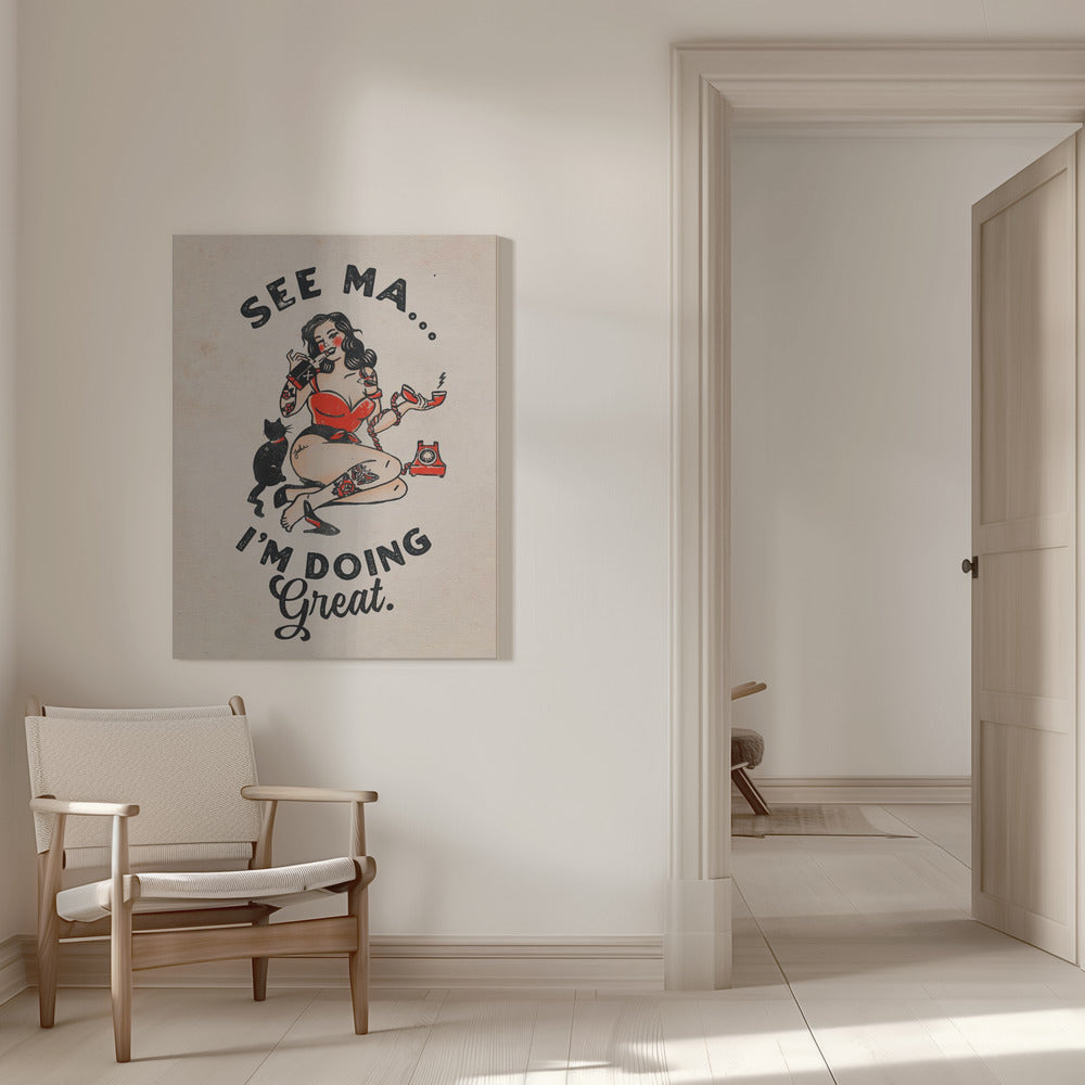 Funny Retro Pinup Woman and Cat Poster Canvas Wall Art | See Ma Poster Funny Vintage Pinup Girl & Cat