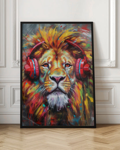 Colourful Lion Wearing Red Headphones Canvas Wall Art | Lion With Headphones animal