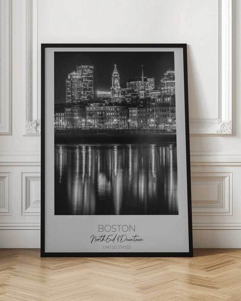Boston Waterfront Night Reflections Canvas Wall Art | BOSTON Evening Skyline of North End