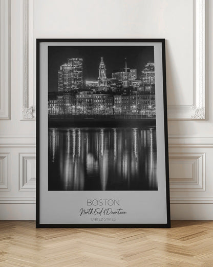 Boston Waterfront Night Reflections Canvas Wall Art | BOSTON Evening Skyline of North End