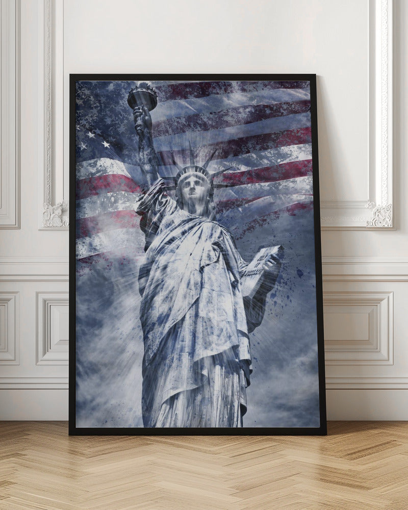 Blue Statue of Liberty American Flag Collage Canvas Wall Art | Modern Art STATUE OF LIBERTY | blue