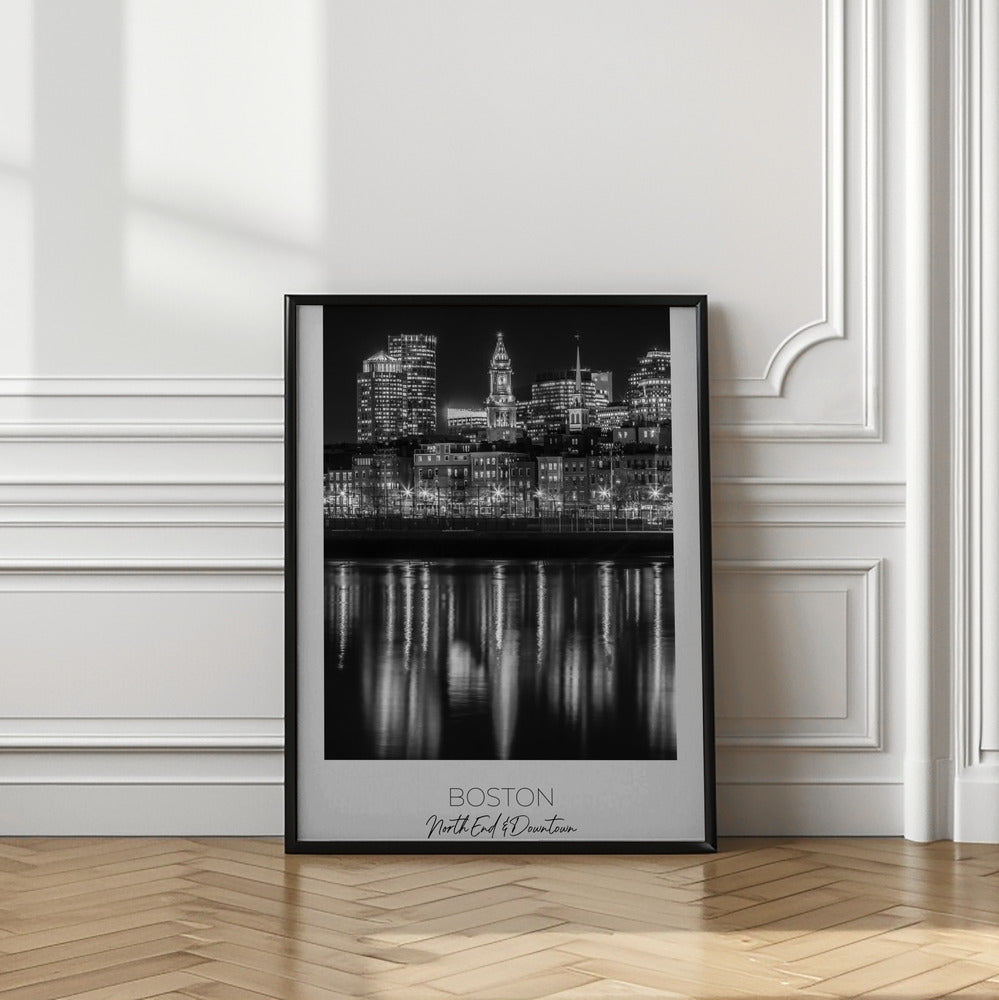 Boston Waterfront Night Reflections Canvas Wall Art | BOSTON Evening Skyline of North End