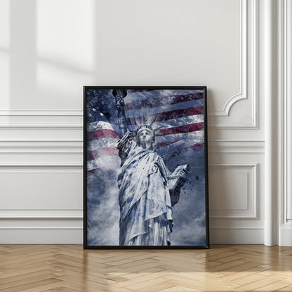 Blue Statue of Liberty American Flag Collage Canvas Wall Art | Modern Art STATUE OF LIBERTY | blue