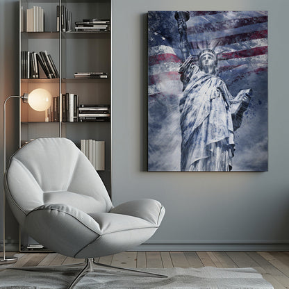 Blue Statue of Liberty American Flag Collage Canvas Wall Art | Modern Art STATUE OF LIBERTY | blue