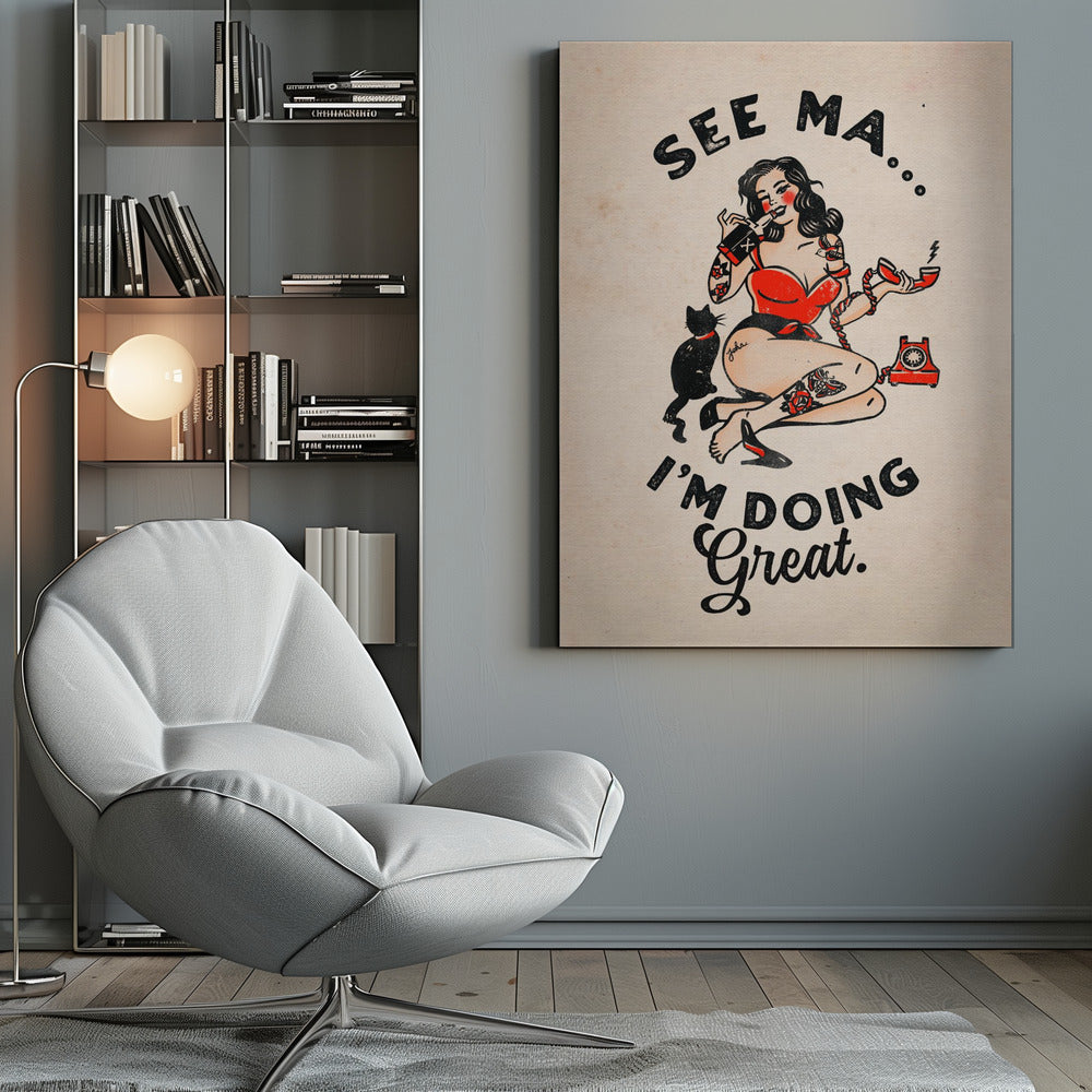 Funny Retro Pinup Woman and Cat Poster Canvas Wall Art | See Ma Poster Funny Vintage Pinup Girl & Cat