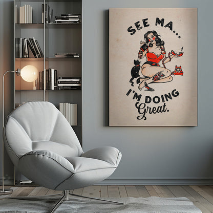 Funny Retro Pinup Woman and Cat Poster Canvas Wall Art | See Ma Poster Funny Vintage Pinup Girl & Cat