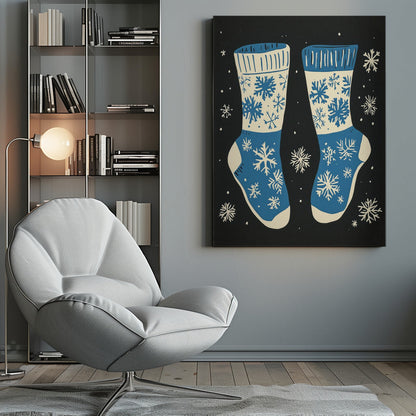 Wall art Vintage Socks Knittwear Blue On Black Canvas Print