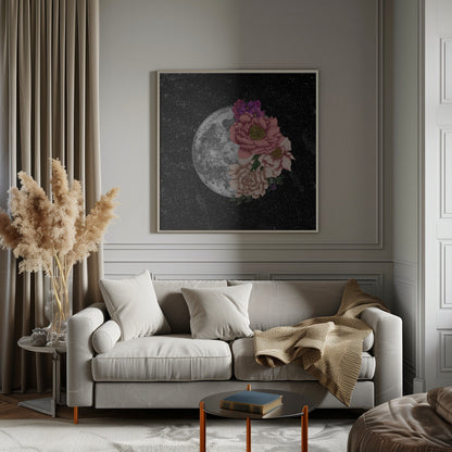Full Moon with Pink and Cream Flowers Canvas Wall Art | Moon Abloom New Square