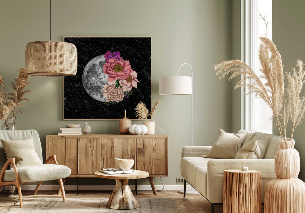 Full Moon with Pink and Cream Flowers Canvas Wall Art | Moon Abloom New Square