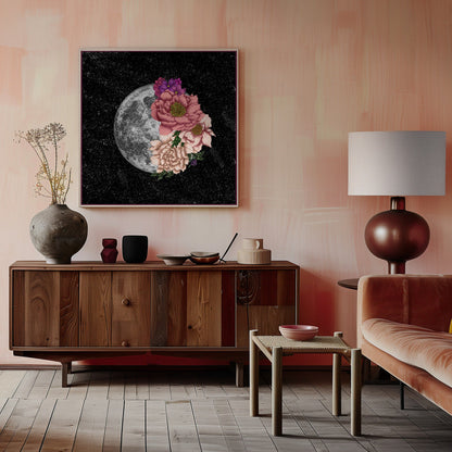 Full Moon with Pink and Cream Flowers Canvas Wall Art | Moon Abloom New Square