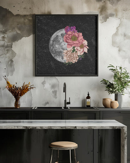 Full Moon with Pink and Cream Flowers Canvas Wall Art | Moon Abloom New Square