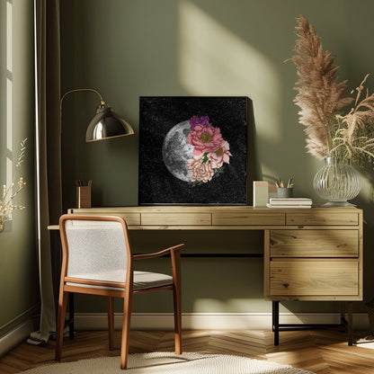 Full Moon with Pink and Cream Flowers Canvas Wall Art | Moon Abloom New Square