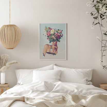 Surreal Woman with a Flower Bouquet Head Canvas Wall Art | Flower Ism