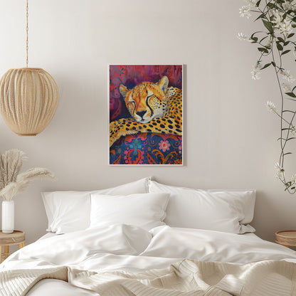 Resting Cheetah on Richly Patterned Fabric Canvas Wall Art