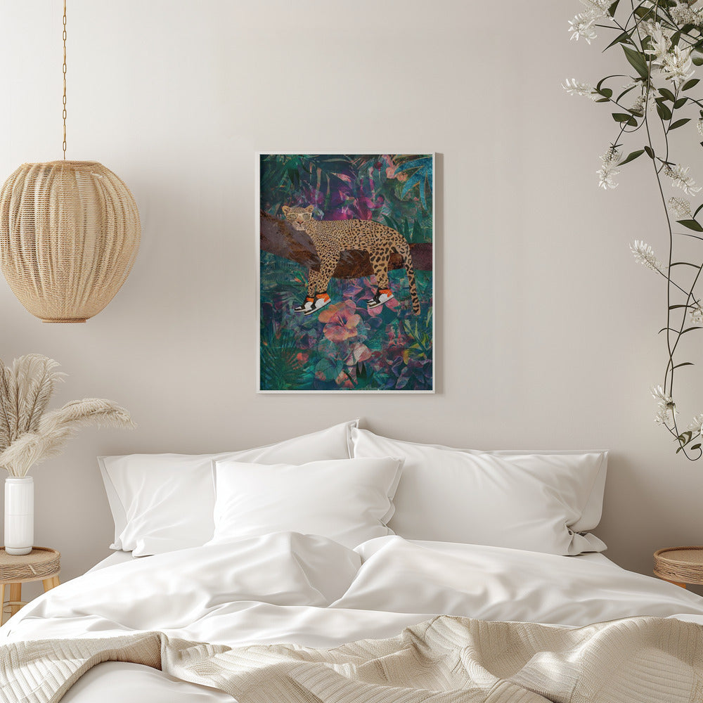 Leopard Wearing Shoes in a Tropical Jungle Canvas Wall Art | Tropical Floral Jungle - Leopard wearing shoes