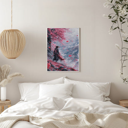 Samurai beneath Pink Blossom Trees Canvas Wall Art