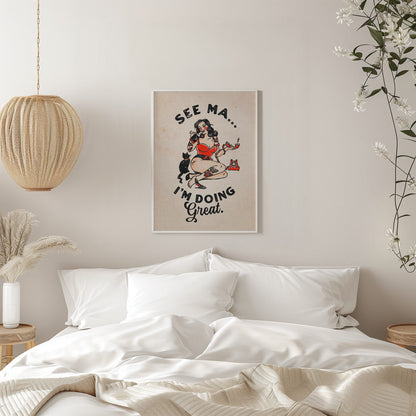 Funny Retro Pinup Woman and Cat Poster Canvas Wall Art | See Ma Poster Funny Vintage Pinup Girl & Cat