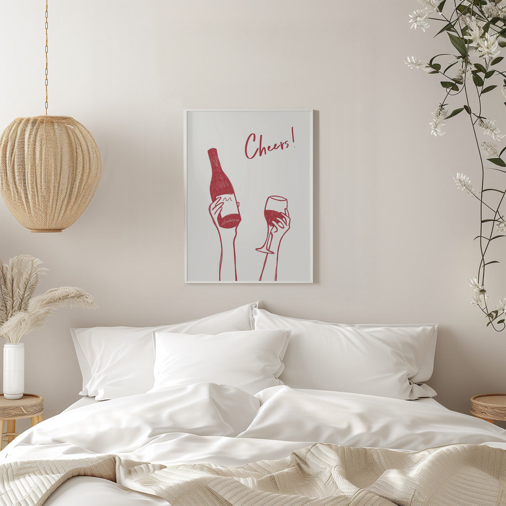 Wall art Cheers wine illustration & text (black & white)