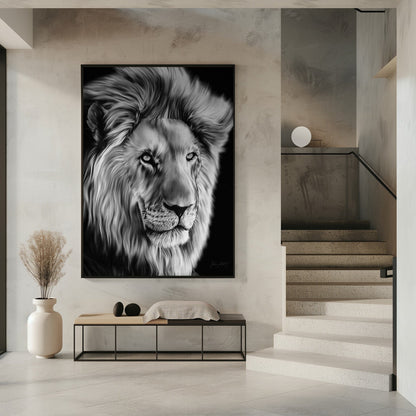 Monochrome Lion with Flowing Mane Canvas Wall Art | Leo II