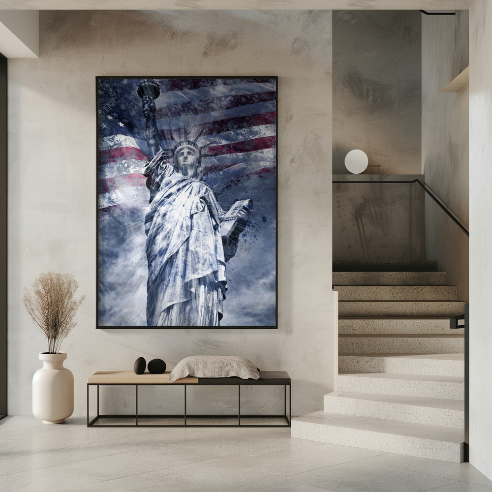 Blue Statue of Liberty American Flag Collage Canvas Wall Art | Modern Art STATUE OF LIBERTY | blue
