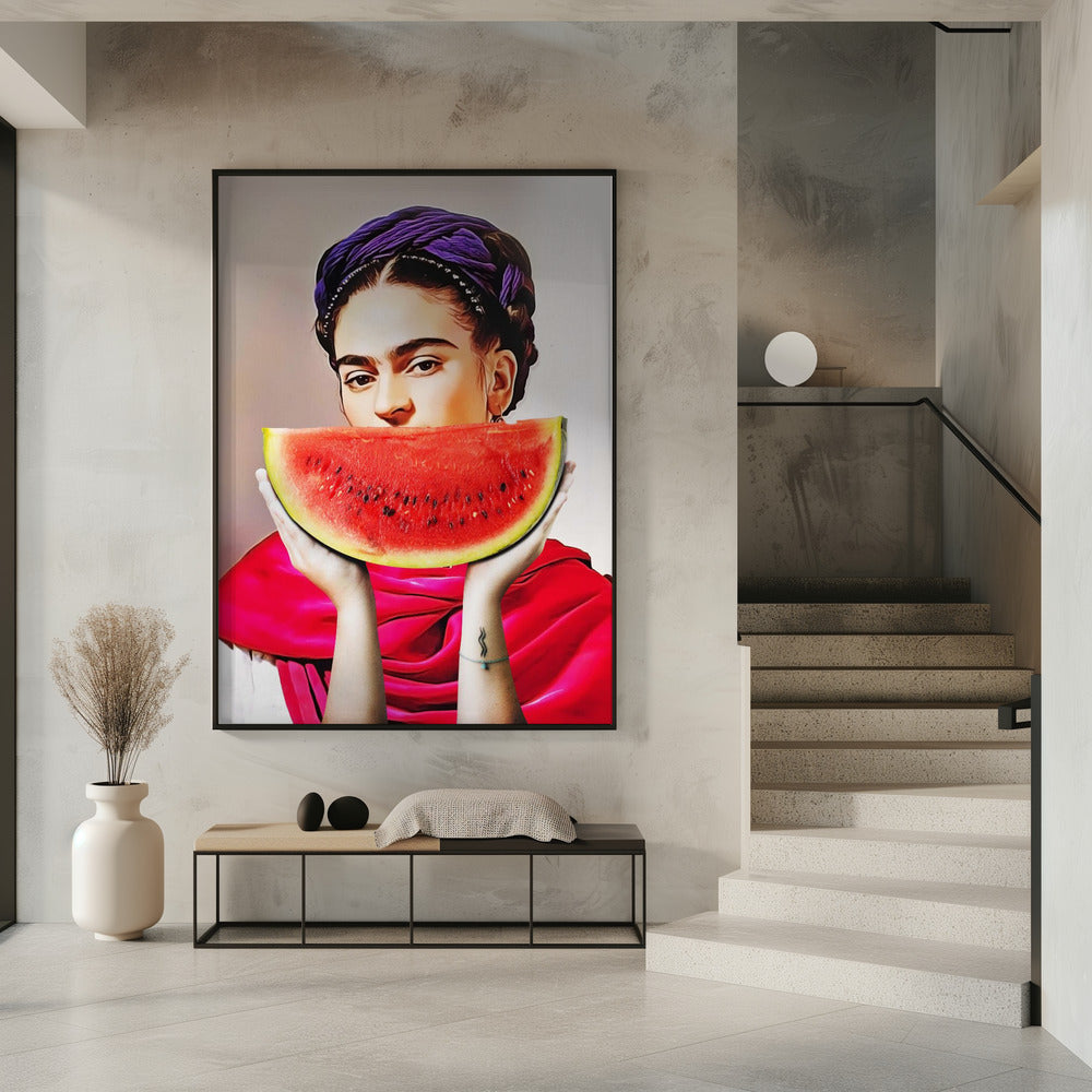 Frida Kahlo with a Watermelon Smile Canvas Wall Art