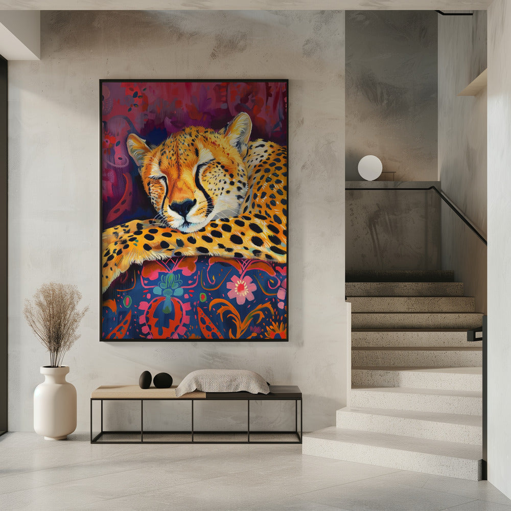Resting Cheetah on Richly Patterned Fabric Canvas Wall Art
