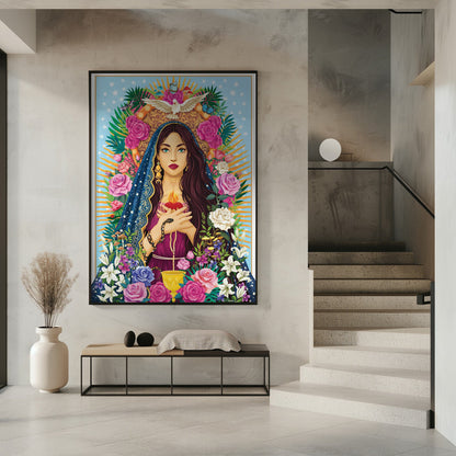 Floral Devotional Woman Portrait Canvas Wall Art | Mother Mary / Mary Magdalen