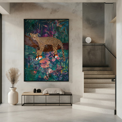 Leopard Wearing Shoes in a Tropical Jungle Canvas Wall Art | Tropical Floral Jungle - Leopard wearing shoes
