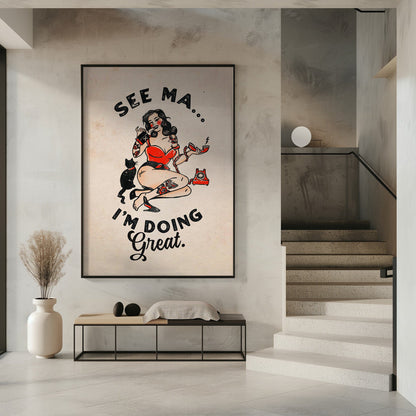 Funny Retro Pinup Woman and Cat Poster Canvas Wall Art | See Ma Poster Funny Vintage Pinup Girl & Cat