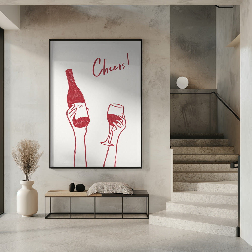Wall art Cheers wine illustration & text (black & white)