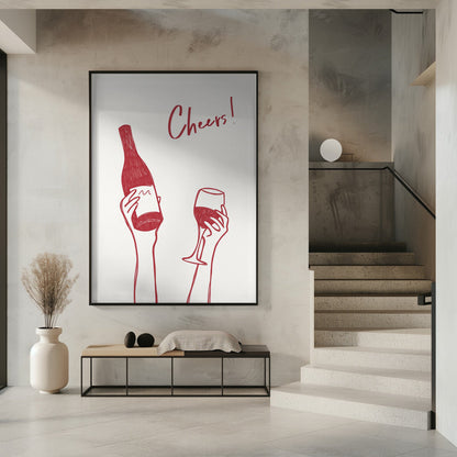 Wall art Cheers wine illustration & text (black & white)