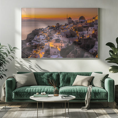 Santorini Village at Golden Sunset Canvas Wall Art | Calispera Santorini