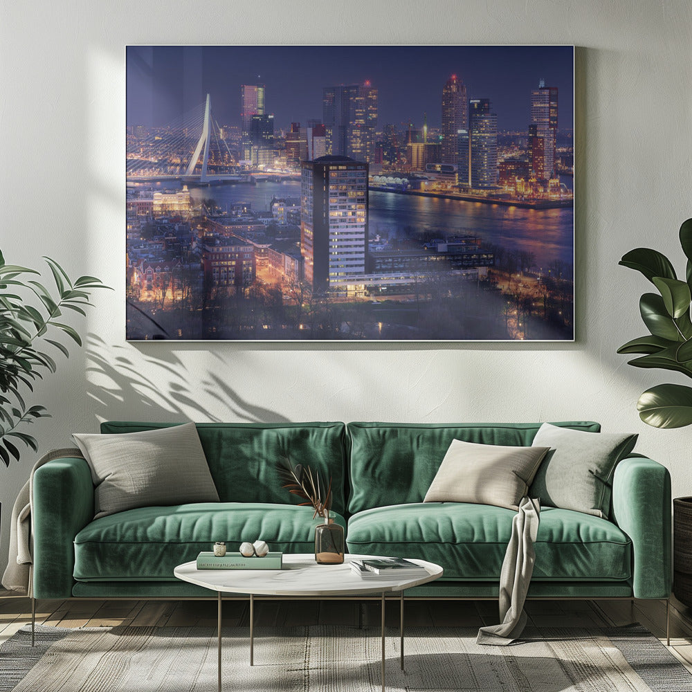 Rotterdam Skyline and Erasmus Bridge at Night Canvas Wall Art | Big Rotterdam 2