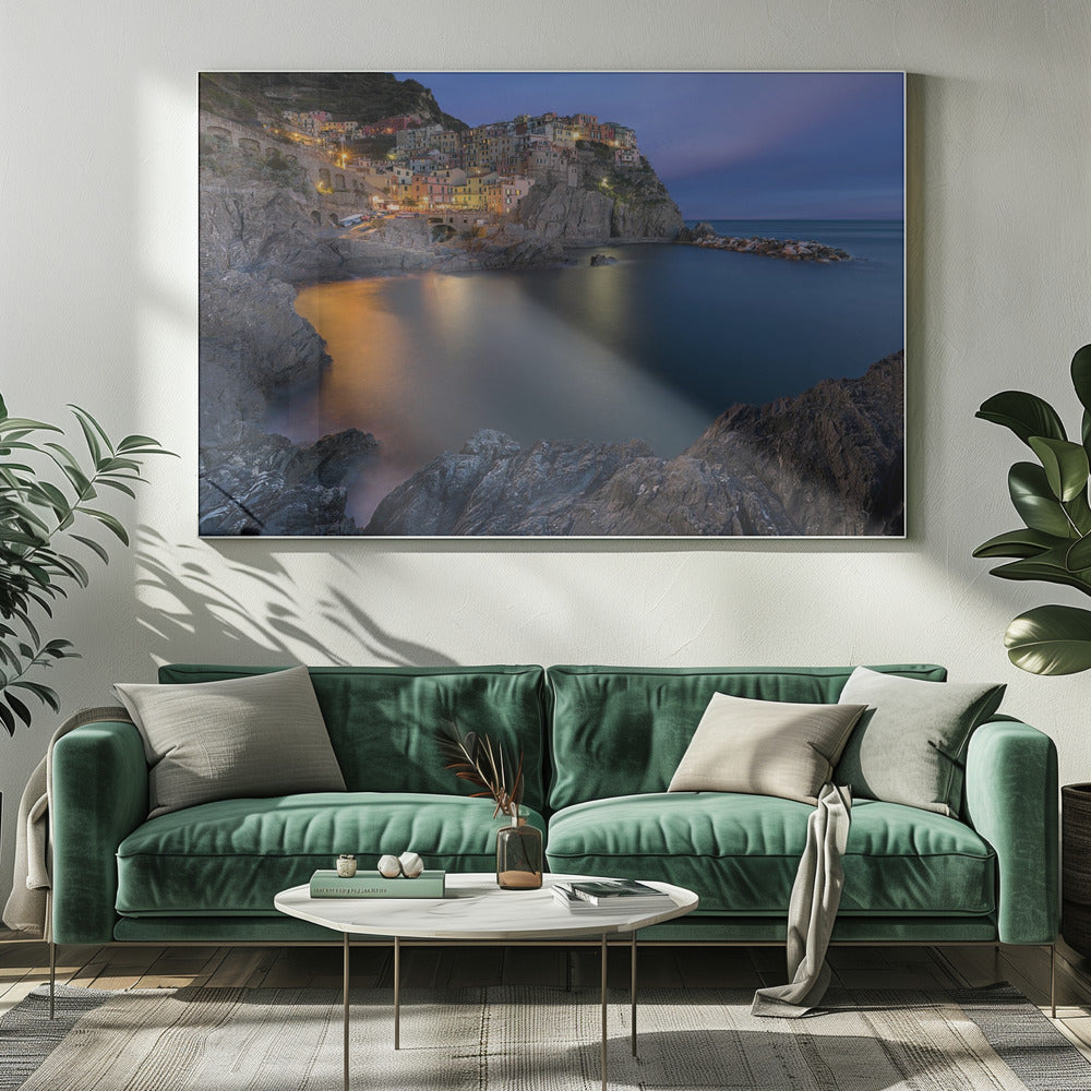 Manarola Coastal Village at Blue Hour Canvas Wall Art | Manarola Lifestyle
