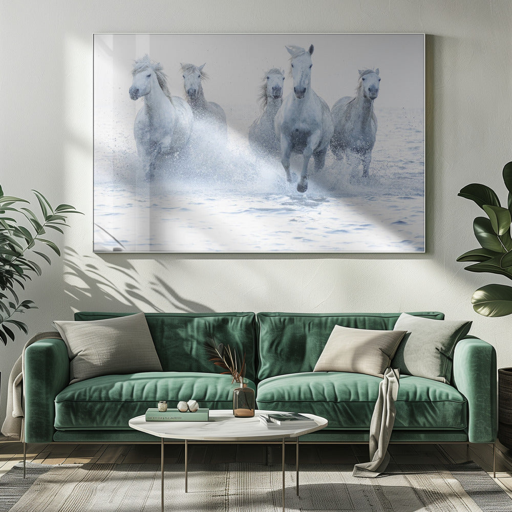 White Horses Running Through Water Canvas Wall Art | Horses on the Run