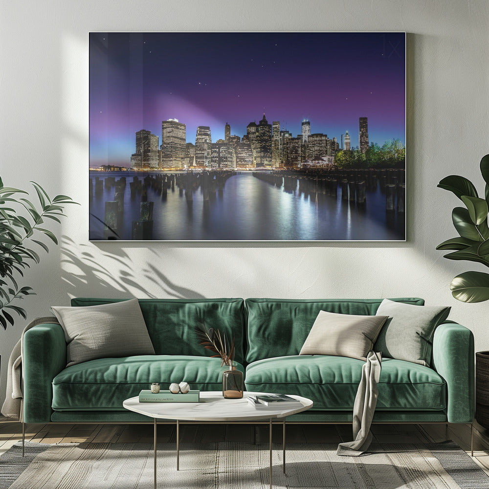 New York Night Skyline and Pier Reflections Canvas Wall Art | New York Sky Line