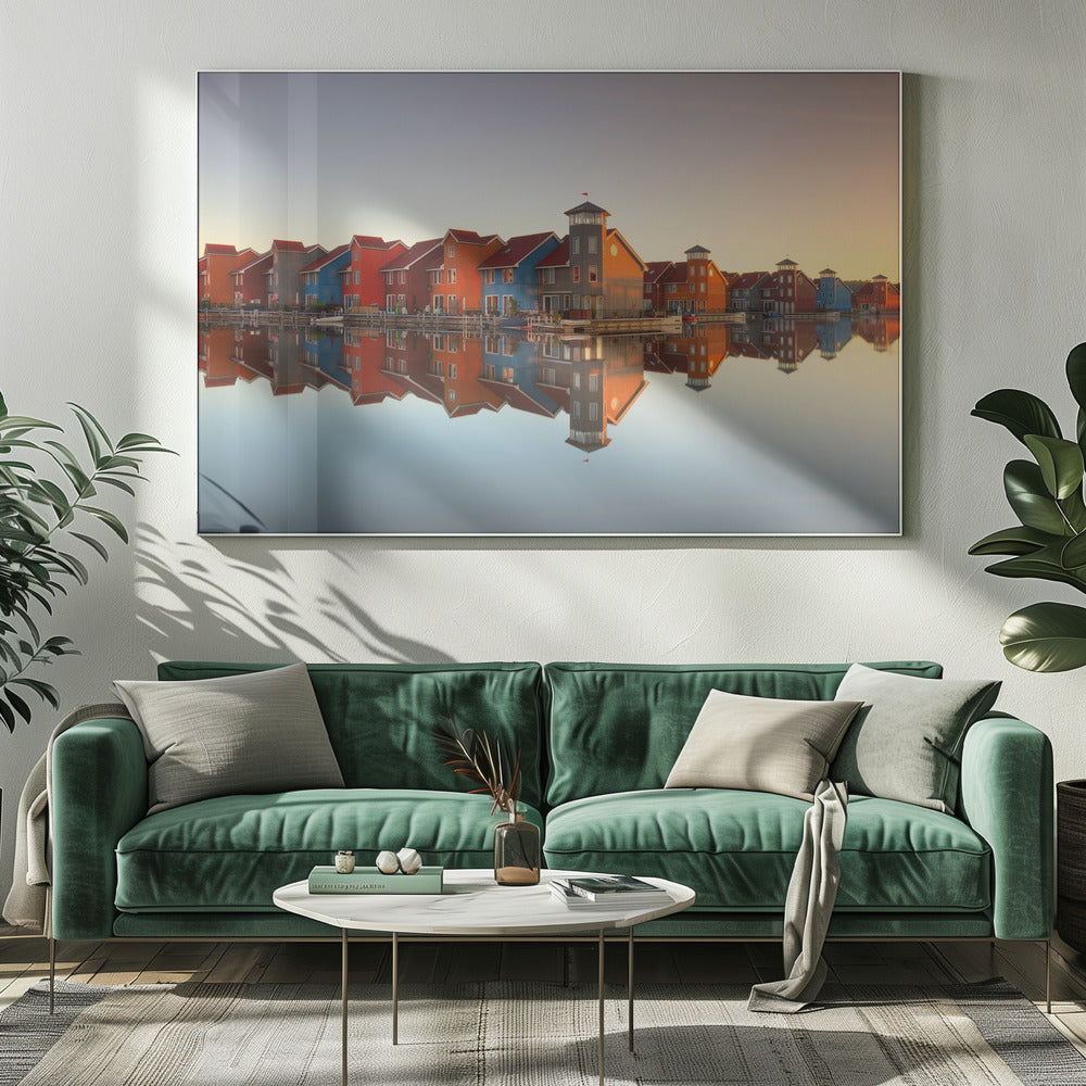 Colourful Waterfront Village Reflections Canvas Wall Art