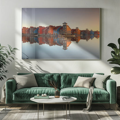 Colourful Waterfront Village Reflections Canvas Wall Art