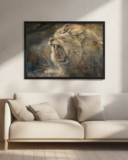 Roaring Lion in Weathered Earth Tones Canvas Wall Art | Lion Animal Vintage Art Illustration Wallart 09