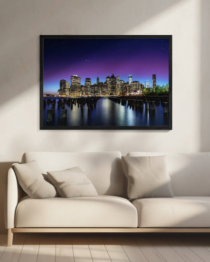 New York Night Skyline and Pier Reflections Canvas Wall Art | New York Sky Line