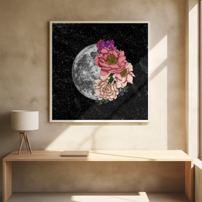 Full Moon with Pink and Cream Flowers Canvas Wall Art | Moon Abloom New Square