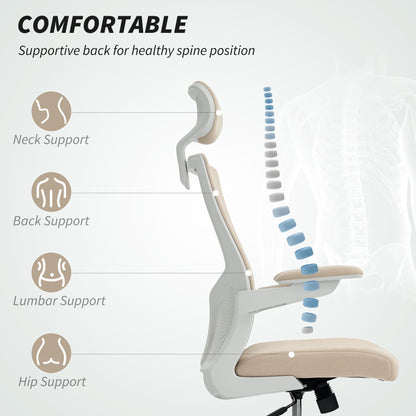 Chaise de bureau ergonomique Andre avec support lombaire 2D et appui-tête réglable - Beige/Blanc