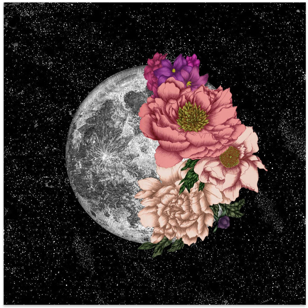 Full Moon with Pink and Cream Flowers Canvas Wall Art | Moon Abloom New Square