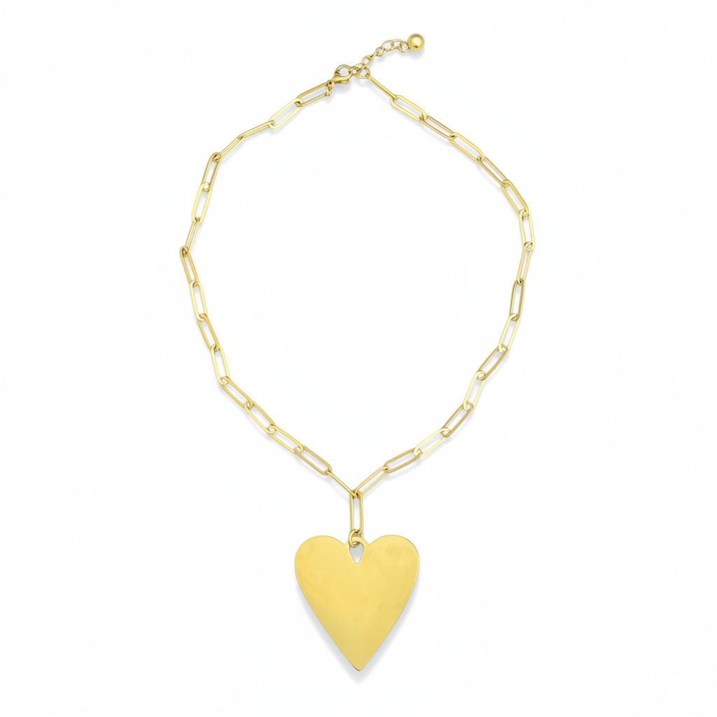 Short Chainlink Heart Pendant Necklace - Gold Stainless Steel