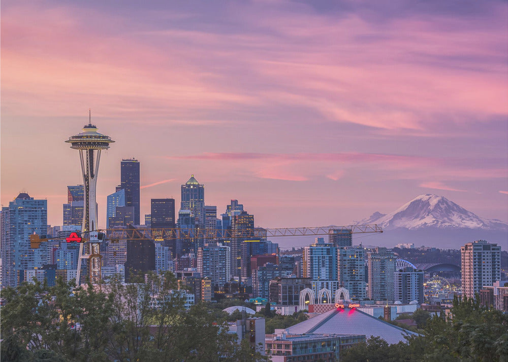 Seattle Skyline with Pink Morning Sky Canvas Wall Art | Good Morning, Seattle!