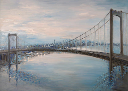 Soft Blue Walt Whitman Bridge Landscape Canvas Wall Art | Ermilkina Waltwhitmanbridge Oil