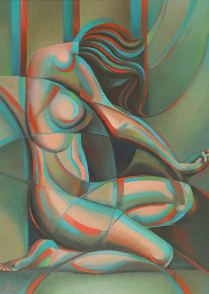 Anaglyphical Roundism Canvas Wall Art | 3D Anaglyph Effect Cubist Nude in Teal & Red | 3 Sizes & Available Finishes
